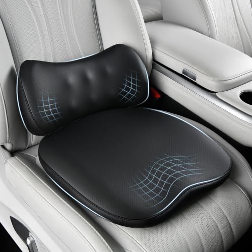 Image of Coverado Memory Foam Car Seat Cushion and Lumbar Support Pillow for Driving Seat, Ergonomic Design Soft and Breathable PU Leather, High Density Memory Foam for Neck & Lower Back Pain Relie