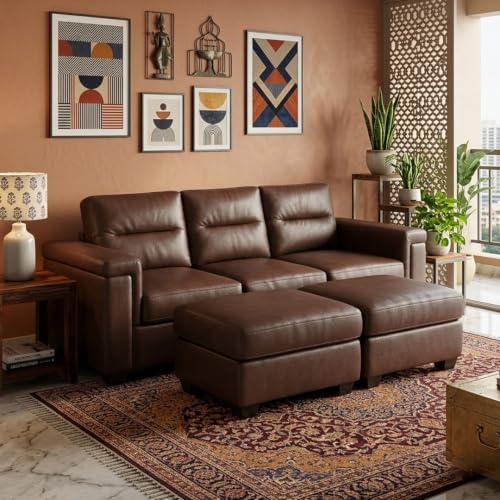 Image of FURNY Parker 3 Seater Sofa Set with 2 Ottoman | Premium Leatherette Finish | Durable Comfort Sofa for Modern Living Room & Office Spaces