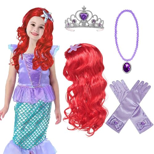 CXAFQ Traje de Sirena de 4 Piezas,Traje De Sirenita,Disfraz Princesa Niña de la Sirena con Peluca y Corona-Collares y Guantes,Disfraz Halloween Niña para Carnaval Fiesta Cumpleaños
