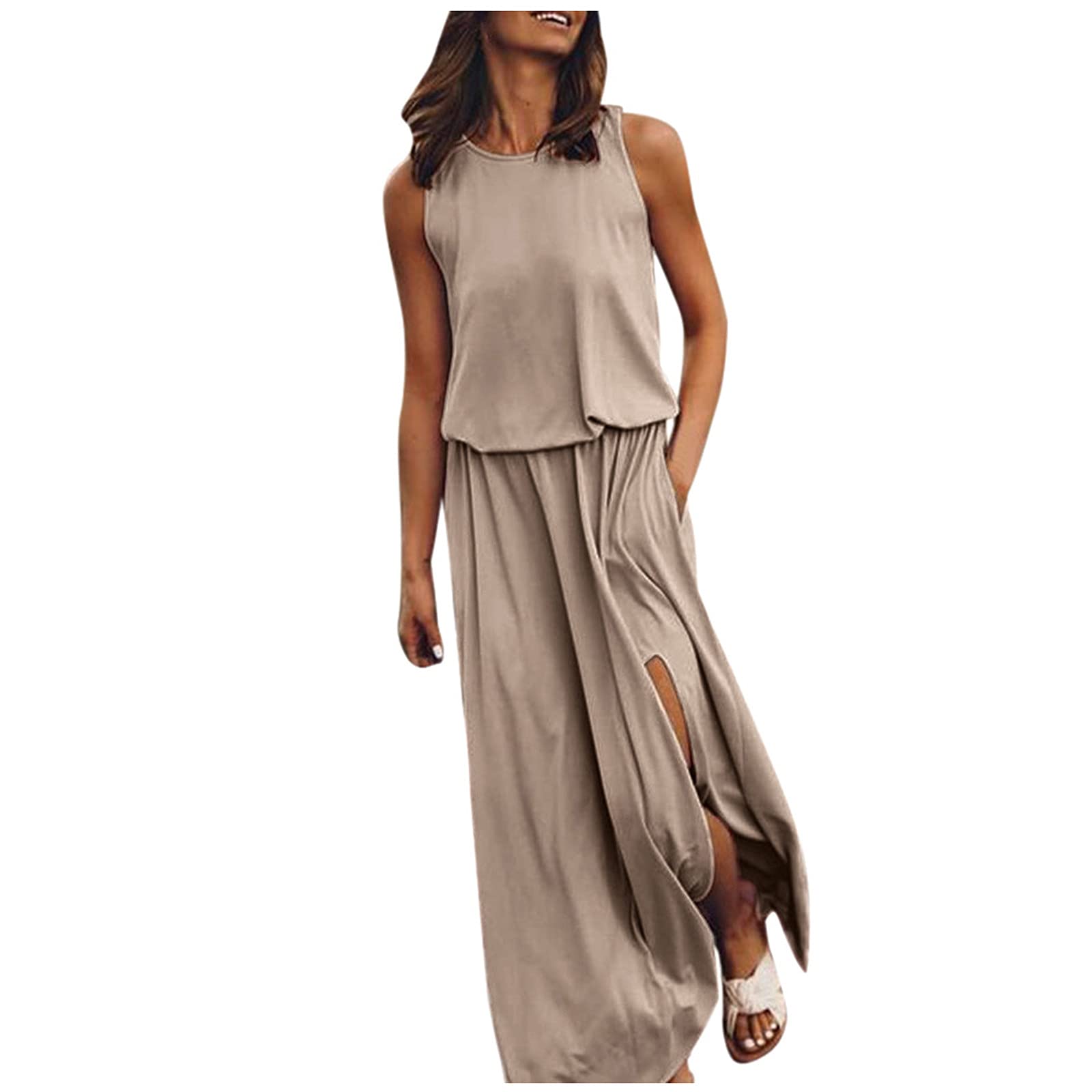 NUSGEAR Nuevo 2021 Vestidos Largo para Mujer, Elegante Moda Fiesta Vestido sin Manga Verano Basico Casual Playa Vestidos Impresión Cuello Redondo Vestidos Largo Vestido de Noche Vestido de Cóctel