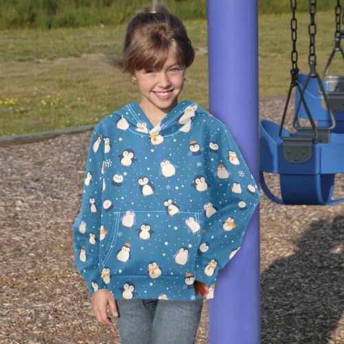 Seamless Pattern Penguins Cobalt Unisex Kids Sweatshirts Sweater Crewneck Pullover Hoodies with Kangaroo Pocket4