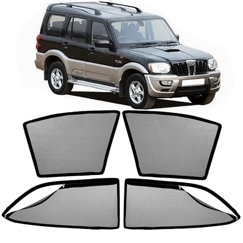 Image of AutoStory Magnetic Car Sunshade for Scorpio 2002-2013 | Front Half Cut for Mirror Visibility + Rear Full Coverage with Zipper | Heavy Heat & UV Protection | Privacy Side Window Curtains Shades
