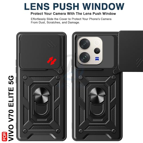 Image of AESTMO Tough Armor Vivo V70 5G / V70 Elite 5G Bumper Back Case Cover | Ring Holder & Sliding Camera Shield Cover | 360 Degree Protection Back Case Cover for (Black)