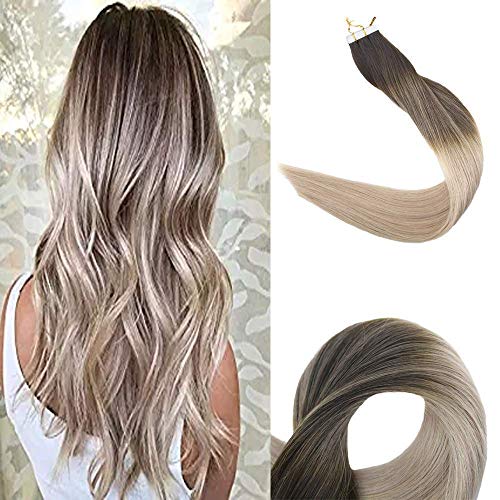 [Promotion]Full Shine 16 inch 20 Pcs Balayage Tape In Hair Extensions Color #2 Fading To #18 Highlight With Color #2 Fading To Color #60 Brown To Blonde Remy Hair.