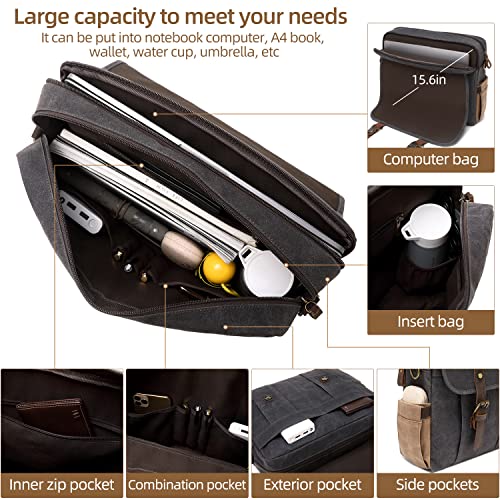 Vintage Mens Messenger Bag 15.6 inches Waterproof Genuine Leather Waxed Canvas Satchel Shoulder Bag Briefcase Laptop Bag with Charging,Headset Port Gray - Image 6