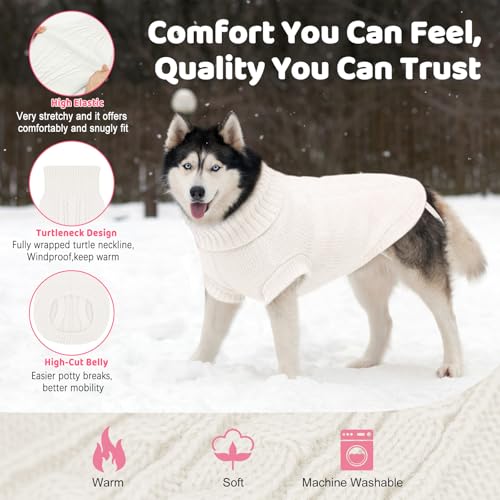 Image of Cozy Stretch Dog Turtleneck Sweater -Soft Warm Dog Knit Sweaters for Boy Girl Pets, Christmas Sweater Pullover for Small Medium Large Pup Winter Outfit,White XL