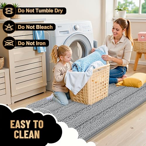 Image of OLANLY Thick Bathroom Runner Rugs 47x24, Extra Absorbent Chenille Striped Bath Rugs, Rubber Backing, Machine Wash Dry, Long Bath Mats for Bathroom, Tub and Shower, Home Decor Accessories, Light Grey