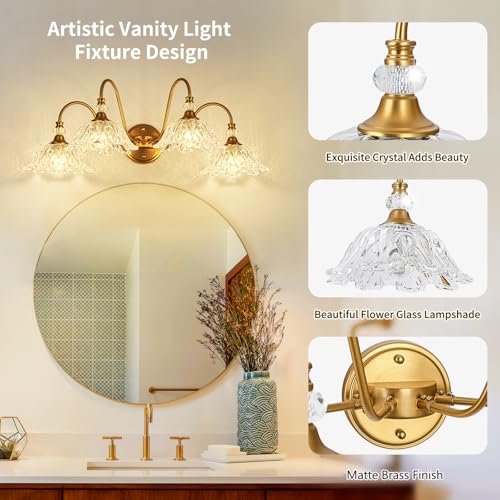 Image of Vintage Matte Brass Finish Bathroom Vanity Light, 4-Light Vanity Light with Floral Glass Shades, Retro Wall Mount Lighting for Bathroom, Dressing Table