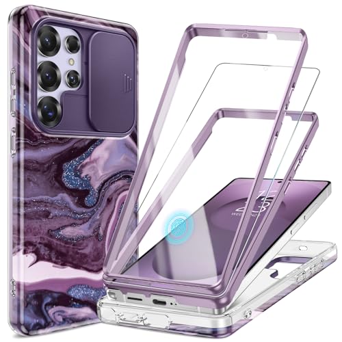 Image of GVIEWIN for Samsung Galaxy S25 Ultra Case, [Slide Camera Cover & Built-in HD Screen Protector] [2 Front Frames] Shockproof Military Grade Protective Marble Phone Case for S25 Ultra 6.9 inch (Quicksand)