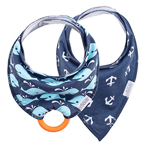 Dr. Brown's Super Soft Bandana Bibs with One Snap-On Teether, 3m+, Anchors & Whales, 2 Count