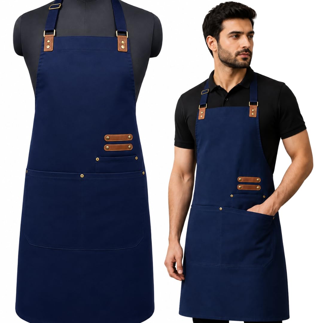 premium heavy-duty chef apron with adjustable strap, leather detailing & multi pockets | waterproof & stain-resistant kitchen, bbq, restaurant, barista apron for men & women