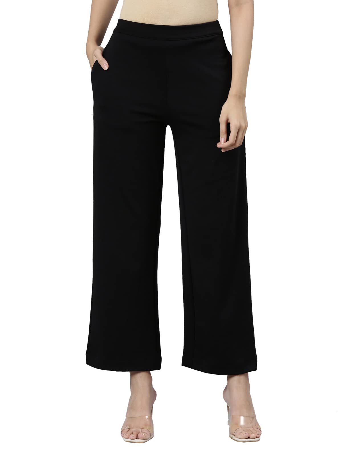 GO COLORS Stretch Rayon Blend Ponte Wide Pants Full Length for Women| Breathable, High Rise