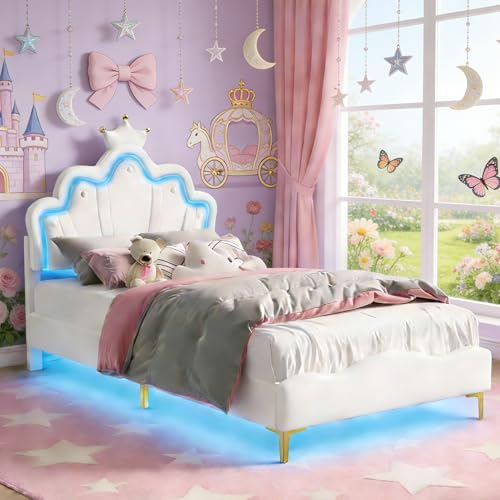 BursDany Lit Enfant Rembourré 90x200 cm avec LED pour Fille Adolescent- Tête de Lit Réglable en Hauteur, Sommier à Lattes, Design Couronne de Princesse en...
