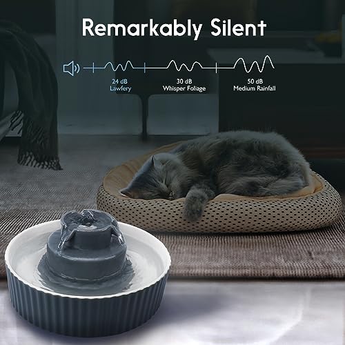 Image of Lawfery Ceramic Cat Water Fountain, 2.1L /71oz Cat Fountain with 3 Carbon Filters and 2 Quiet Pumps, Cupcake Pet Water Dispenser for Cats and Dogs (Grey)