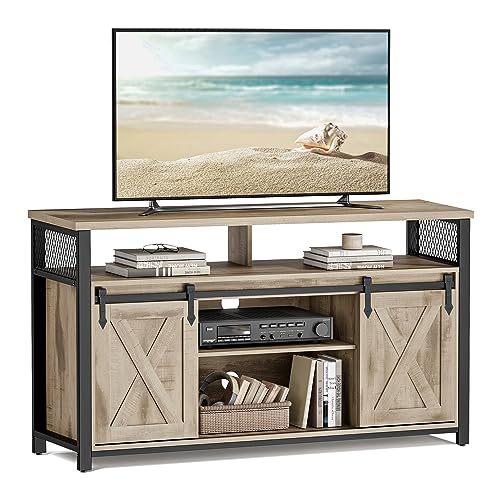 VASAGLE TV-Schrank, Lowboard für Fernseher bis zu 60 Zoll, Fernsehtisch mit verstellbaren Ablagen, Schiebetür, Metallgestell, eichenbraun-schwarz LTV46B50