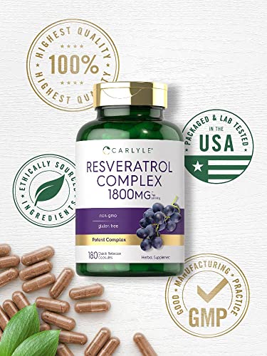 carlyle resveratrol supplement 1800mg  180 capsules  non-gmo amp gluten free  potent complex