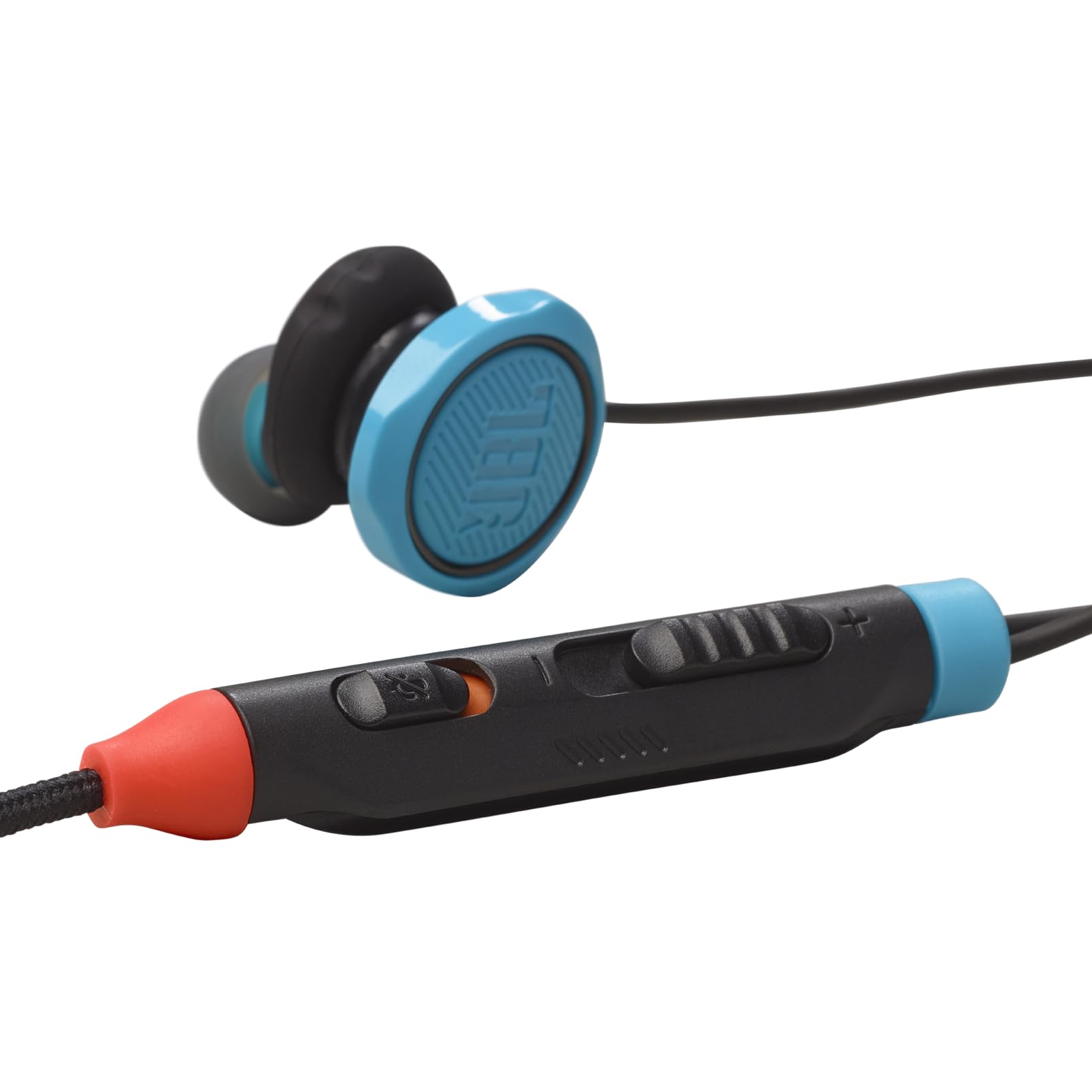 JBL Quantum 50N, écouteurs gaming intra-auriculaires filaires, son QuantumSURROUND, comptabilité multiplateformes, micro avec focalisation sur la voix, technologie Twistlock Comfort, en rouge et bleu