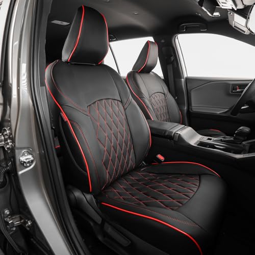 Image of EKR Rav4 Seat Covers Custom Fit for Toyota Rav4 (Hybrid) LE /XLE Premium 2026, Leather Car Seat Cover Full Set for SUV,Faux Leather(Black with Red Piping)