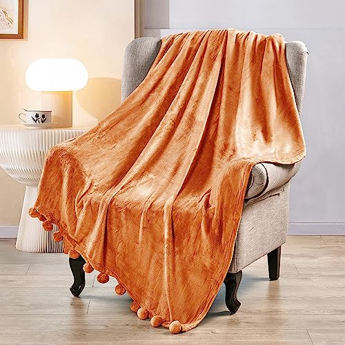 Bytide Pom Pom Throw Blankets Couch Cover Flannel Fleece Throw With Pompom Fringe Tassels, Plush Fluffy Cozy Warm Soft Lightweight Throw For Couch Sofa Bed Chair, 60" X 80", Burnt Orange #TOP3