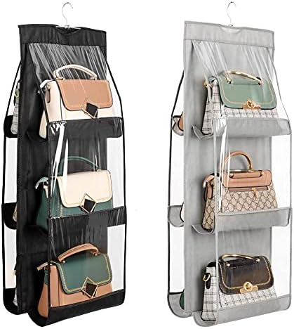 Hanging Handbag Purse Organizer, 6 Pockets Upgrade Dust Proof Purse Organizer Closet, Wardrobe Closet Organizer, Washable Handbag Organizer for Women Handbags Purse (Black&Gray)