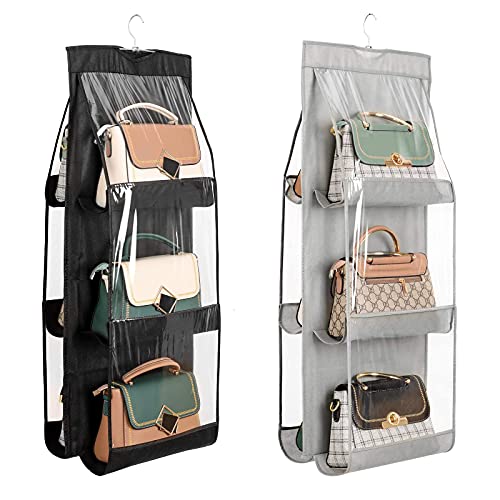 ZB.soar Hanging Handbag Organizer, 2 Pcs * 6 Pockets, Dust Proof Purse Organizer Closet, Wardrobe Closet Organizer, Washable Handbag Organizer for Women Handbags Purse(Black+Grey)