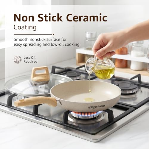 Image of Amazon Basics Non Stick Ceramic Frying Pan 26 cm with Lid | 5 Layer Coating | Wooden Finish Bakelite Handle | Induction & Gas Compatible | Low Oil Cooking | Durable Flat Base | Ivory