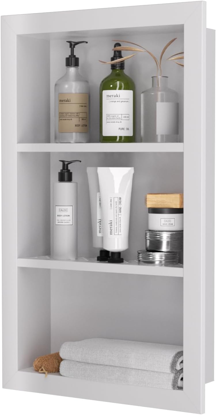 14" x 24" Stainless Steel Shower Niche, 3-Tier Waterproof Shelves, No-Tile Needed Bathroom Organizer, Rustproof Wall Shelf for Shampoo, Soap & Toiletries, White 4"x14"x24"3-Tier White