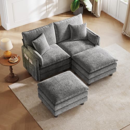 Image of LINSY HOME 65'' Modular Sectional Sofa Love Seat Couch Chenille Cloud Couch with Deep Seat, Modern Comfy Love Seat with 2 Movable Ottoman for Living Room, Office, Bedroom, Grey(Pillows Included)