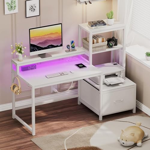 Lista de Escritorio para Tareas favoritos de las personas. 43 Habitdesign Escritorio para Computadora con 1 Cajone y Estante De 3 Niveles Minimalista Desk Esquinero para Gamer Grande con Enchufe y Tira Led Mesa Pc para Recamara Sala...