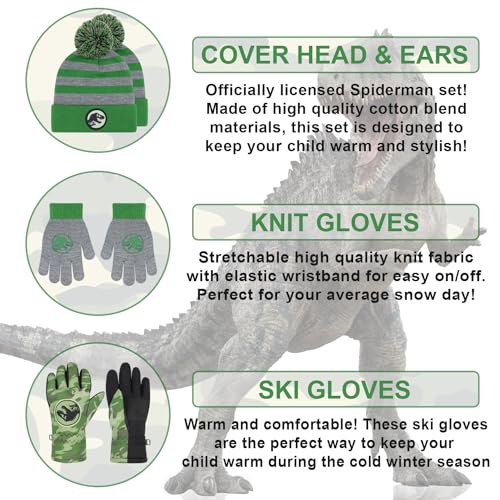 Image of Jurassic World Kids Winter Hat Scarf and Snow Gloves for Boys Set Classic T-Rex Graphic Warm and Soft Accessories