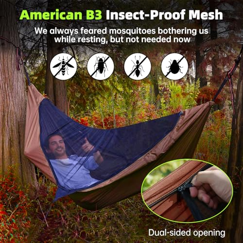 Image of Camping Hammock with Mosquito Net - Portable Parachute Nylon Hammock Tent with Tree Straps, Camp Rope & Stake - for Hiking, Backpacking, Travel, Backyard, Beach - Holds Up to 500lbs (Orange)
