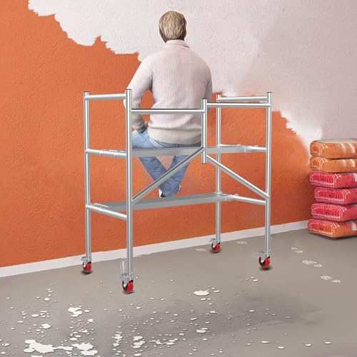 Image of Scaffolding Work Platform, Rolling Scaffolding with Wheels, Scaffold for Building Construction, Interior Painting, Home Improvement（47.2 inch Height, 500LBS Capacity, Silver)