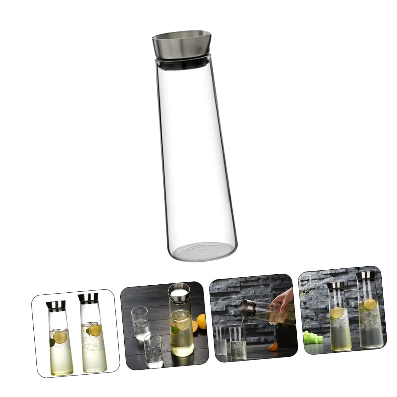 DOITOOL Jarra de Agua Fría de Vidrio de Borosilicato 1L Tapa de Acero Inoxidable Diseño Recto Antidesbordamiento Recipiente Transparente para Jugo Adecuado para Uso Doméstico y Oficina