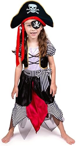 Miniatura 4 de Dress Up America Disfraz de pirata para niños, disfraz de pirata bucanero para niñas, vestido, sombrero y parche en los ojos