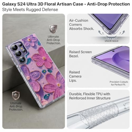 Image of Elzzi Compatible with Samsung S26 Ultra Case Laser Flower Oil Painting Cute Colorful Blue Ray Bumper with Full Camera Protection Shockproof PC+TPU Glossy Shiny Cover for Girls Women, Pink & Purple