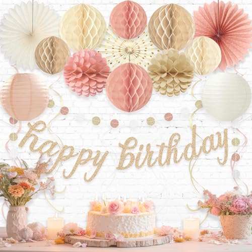 Image of Boho Pink Happy Birthday Decorations for Women Girls, Pre-Strung, 24pcs | Happy Birthday Banner, Honeycomb Ball, Paper Flowers, Lanterns, Fans, Streamers, Dots Garland for Birthday Party Decorations