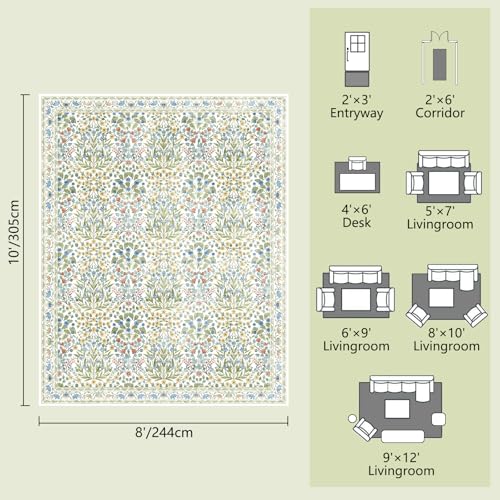 Image of Washable 8x10 Area Rug - Light Green Oriental Design for Living Room, Bedroom, Dining Room & Under Kitchen Table - Stain Resistant, Non-Slip Large Rug