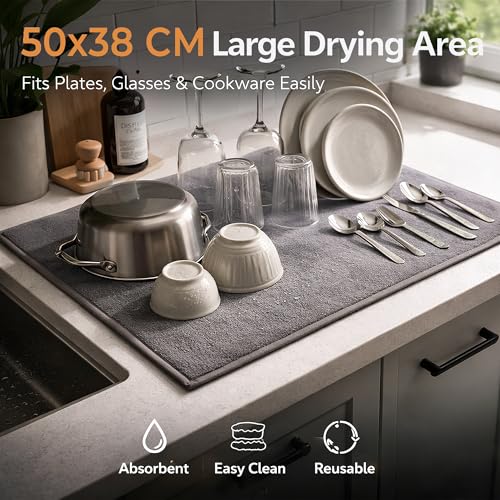 Image of Cutting EDGE Microfiber Dish Drying Mat - Water Absorbent & Reversible for Kitchen Utensils, Counter Top, Sink (Pack of 1, Grey Color, Plain-Design)
