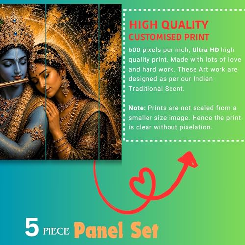 Image of Nozvera Radha Krishna 5 Panel Wall Painting | UV Printed Sparkle Laminated Canvas Art | 48x24 Inch Large Framed Poster for Living Room, Bedroom, Pooja Room | Waterproof Antifade Home Decor