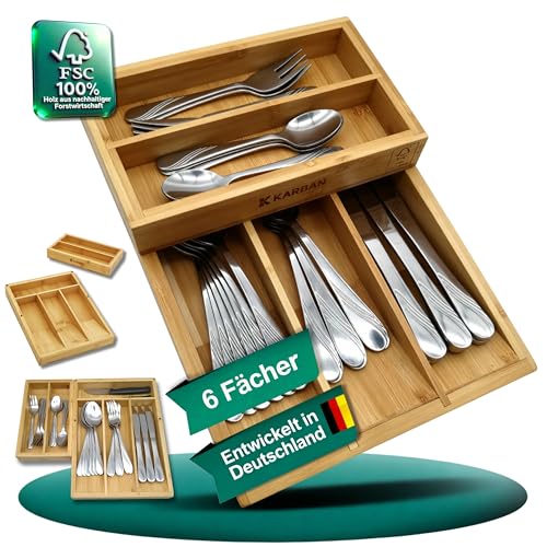 KARBAN 2-teiliger Bambus Besteckkasten klein & schmal, platzsparender Besteckeinsatz für schmale Schubladen 20-40cm, FSC Holz, stapelbarer Organizer für bis zu 8 Bestecksets (30×21×6,8 cm)