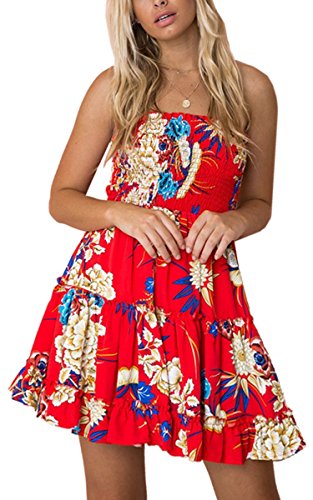 Angashion Women's Floral Strapless Pleated Flowy Skater Mini Tube Dress Red