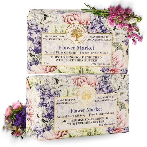 Image of Wavertree & London Flower Market Scented Natural Soap (2 Bars), 7oz Moisturizing French Triple Milled Soap Bars enriched with shea butter - Pure Plant Based Bath & Body Bars for All Skin Types