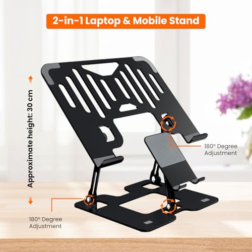 Image of Dyazo 2 in 1 Laptop & Mobile Stand | Foldable Riser with Ventilated Design | Multi Angle Adjustable Height Holder Fit Upto 15.6 Inch Laptops | Compatible for Mac, HP, Dell, Acer, Lenovo & More (Black)