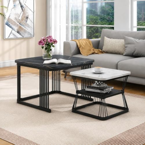 Image of Brown Art Shoppee Set of 2 Modern Coffee Tables with Marble Finish Top, Metal Frame, Nesting Center Table & End Table for Living Room Home Decor (Black & White-Black)