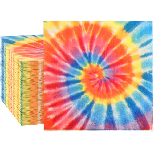 Zhanmai 200 Pcs Tie Dye Napkins Rainbow Hippie Paper Napkins 13 x 13 Inch Disposable Tie Dye Party Decorations 2 Ply Lunch Groovy Party Napkins for Luncheon Table Retro Themed Birthday Party Supplies