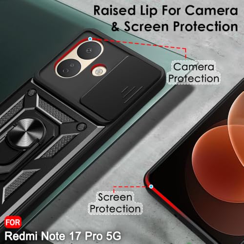 Image of TheGiftKart Tough Armor Bumper Back Cover Case for Redmi Note 17 Pro 5G | Sliding Camera Cover, Kickstand & Ring Holder | 360 Degree Protection Back Cover Case for Redmi Note 17 Pro (PC & TPU, Black)