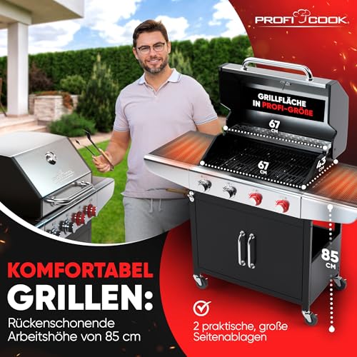 ProfiCook® Gas-grill für Temperaturen bis zu 450°C | 2 Power-Zonen | Roste aus echtem Gusseisen | Gasgrill 4 Brenner | Temperaturanzeige | Flaschenöffner | 4 Brenner | Gasgrill Balkon | PC GG 1311