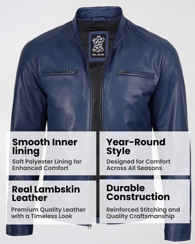 Image of Blingsoul Leather Jacket Men - Real Lambskin Cafe Racer Motorcycle Style Jacket for Mens