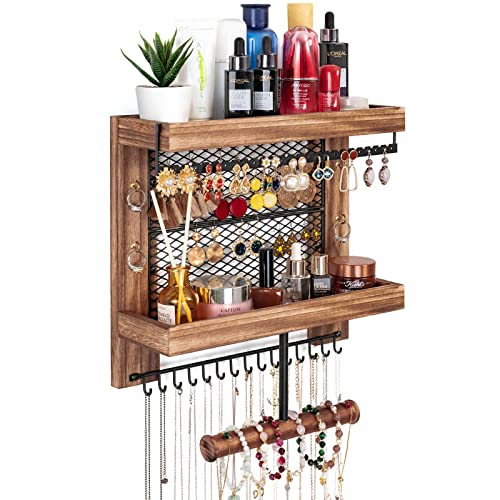 Pinzoveco Hanging Jewelry Organizer Wall Mounted, Vintage Style Double-layer Necklace Holder Organizer Display For Jewelry Earrings Ring Bracelet (Carbonized Black)