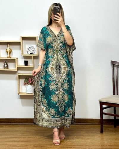 Image of NAIADES Women's Kaftan Dress - Bohemian Printed V-Neck Long Maxi Caftan with Loose Fit & Elegant Design (Kaftan-Kurti)
